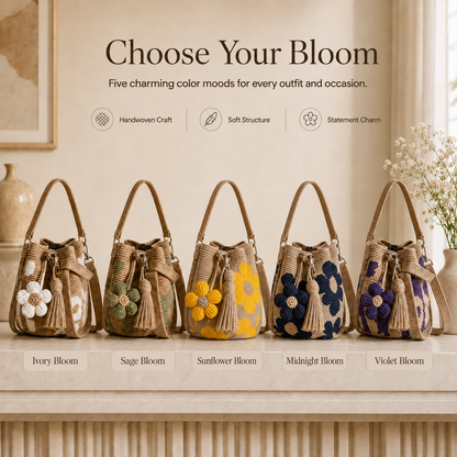 Handwoven Flower Bucket Bag | Summer Boho Woven Handbag