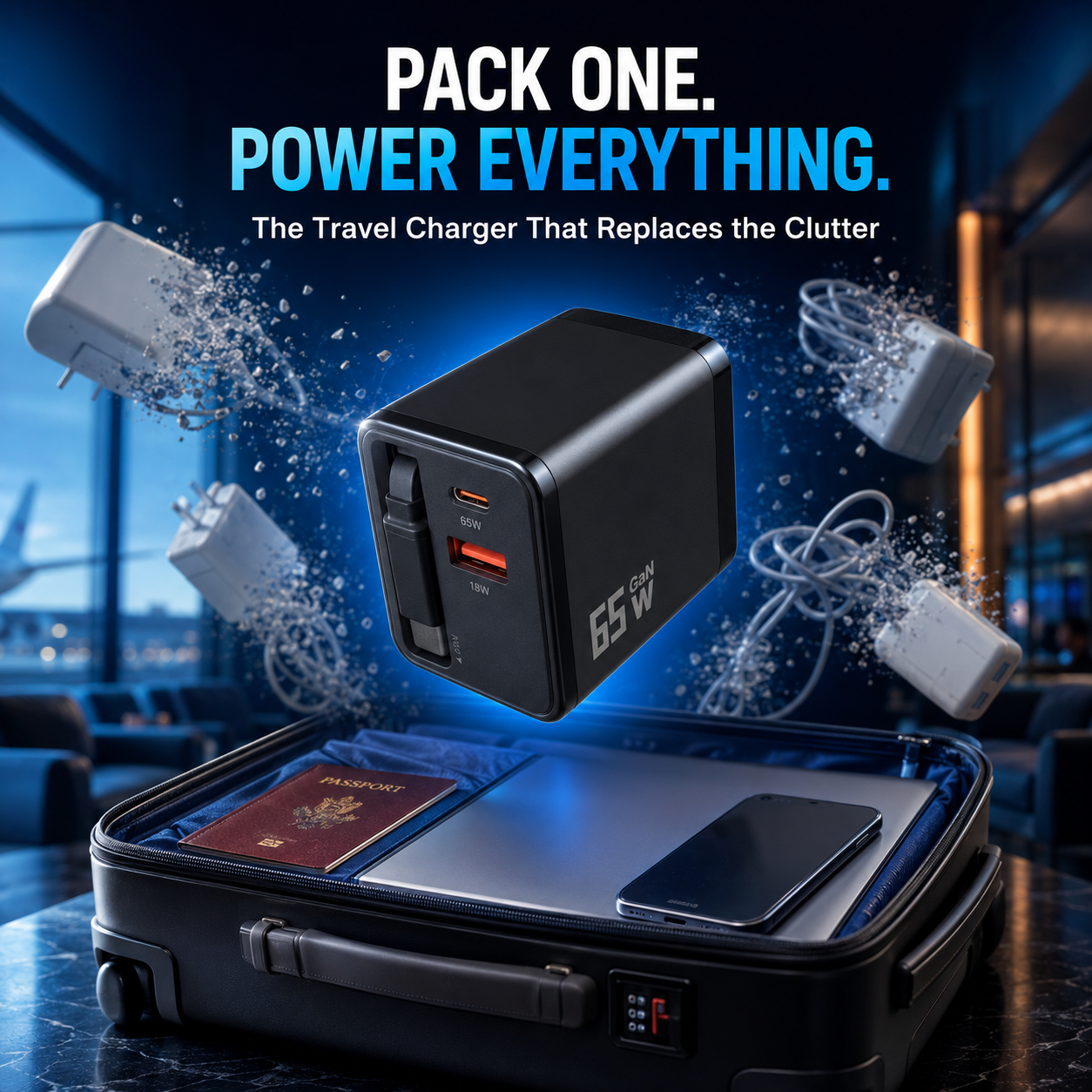 65W GaN Retractable USB-C Travel Charger | 3-in-1
