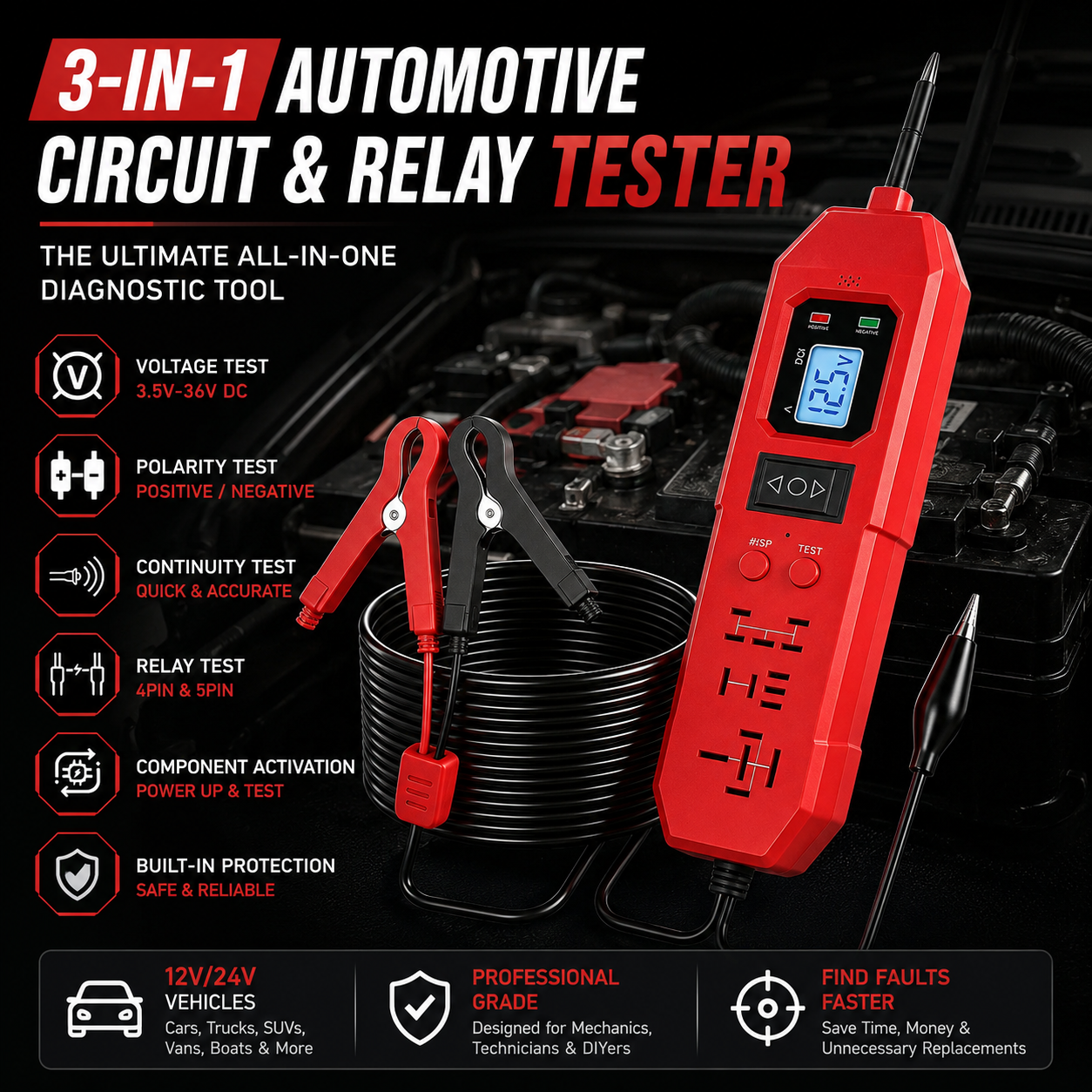 🚗 3-in-1 Automotive Circuit Tester – Quickly Diagnose Power, Wiring & Relay Problems
