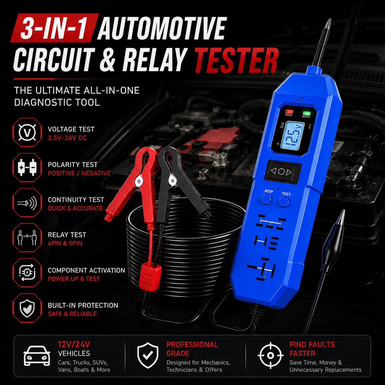 🚗 3-in-1 Automotive Circuit Tester – Quickly Diagnose Power, Wiring & Relay Problems