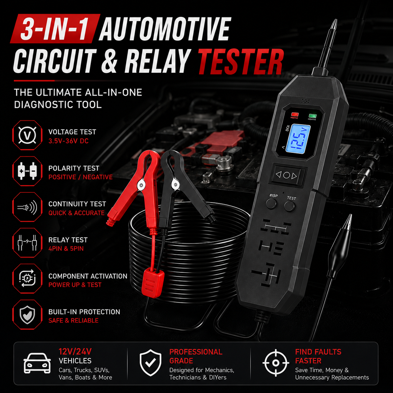 🚗 3-in-1 Automotive Circuit Tester – Quickly Diagnose Power, Wiring & Relay Problems