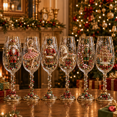 🎁🎭 Nutcracker-Inspired Christmas 3D Collector Champagne Glass Set