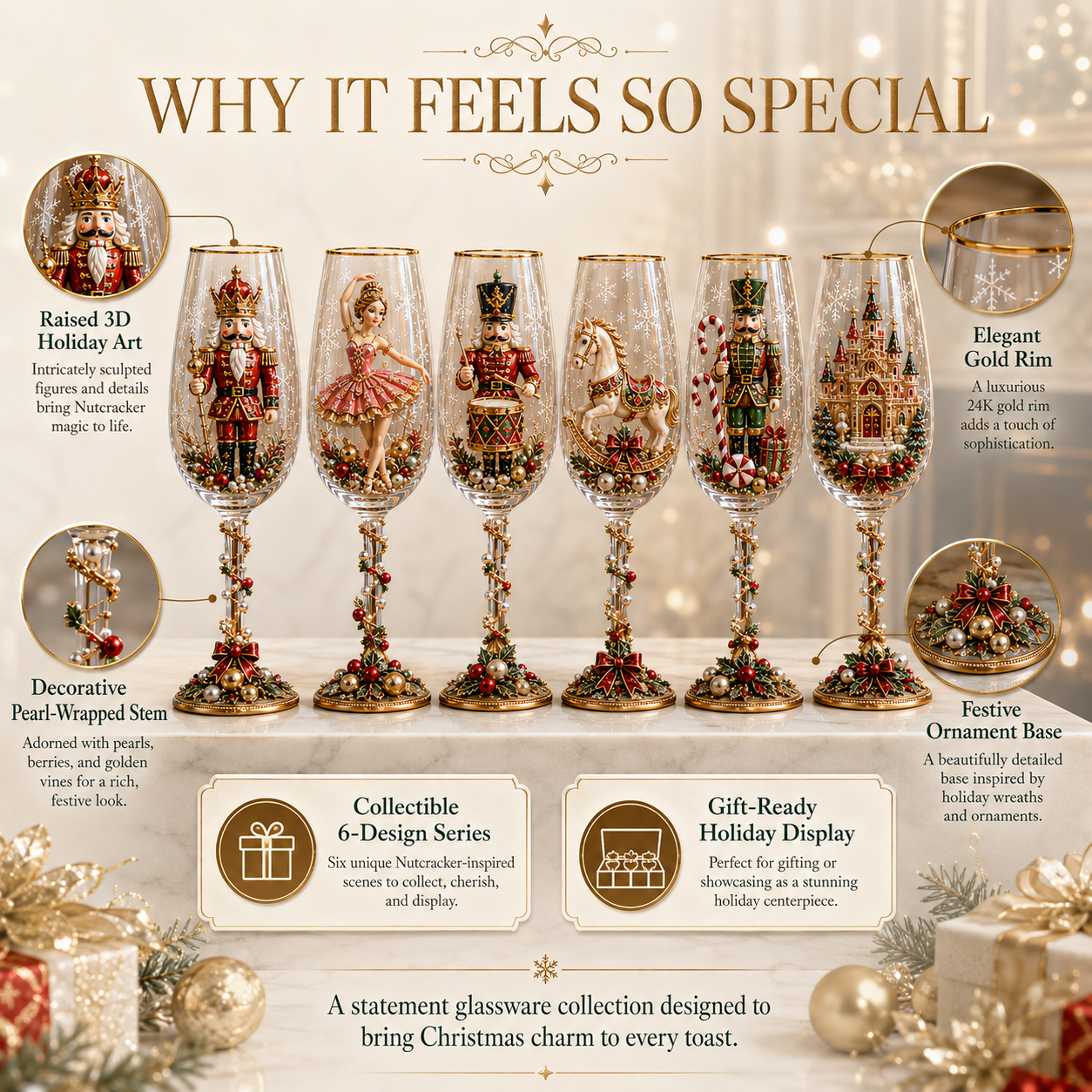 🎁🎭 Nutcracker-Inspired Christmas 3D Collector Champagne Glass Set