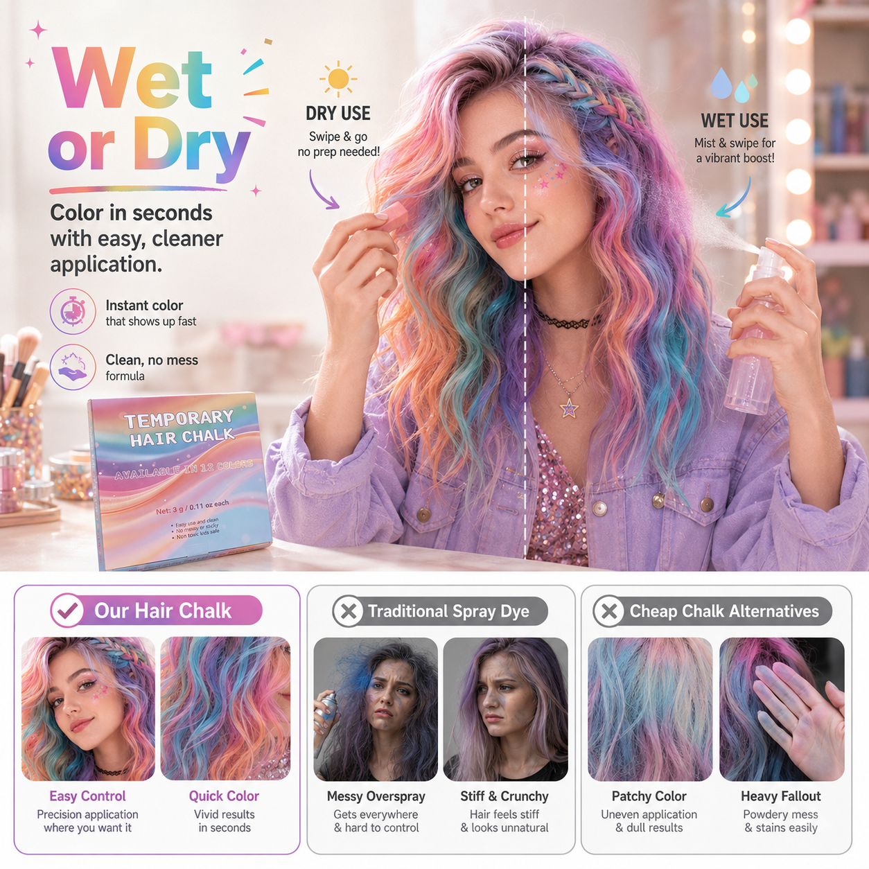 🎨12-Color Temporary Hair Chalk Set for Kids & Teens