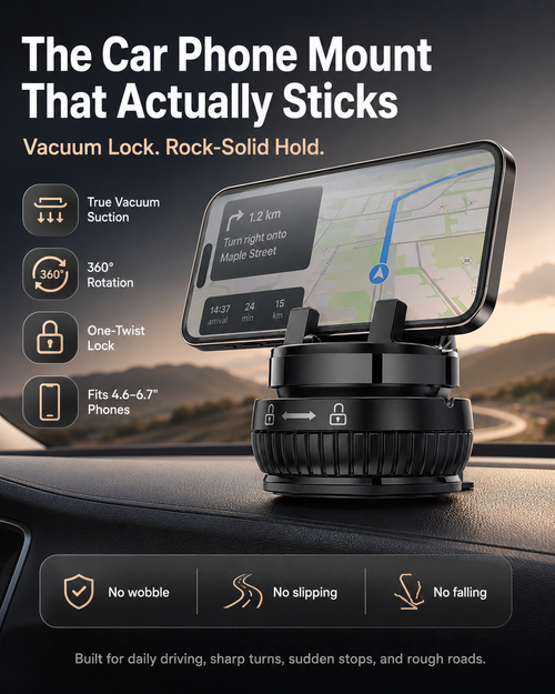 🚗 Vacuum Lock Car Phone Mount – Rock-Solid Hold, 360° Rotation