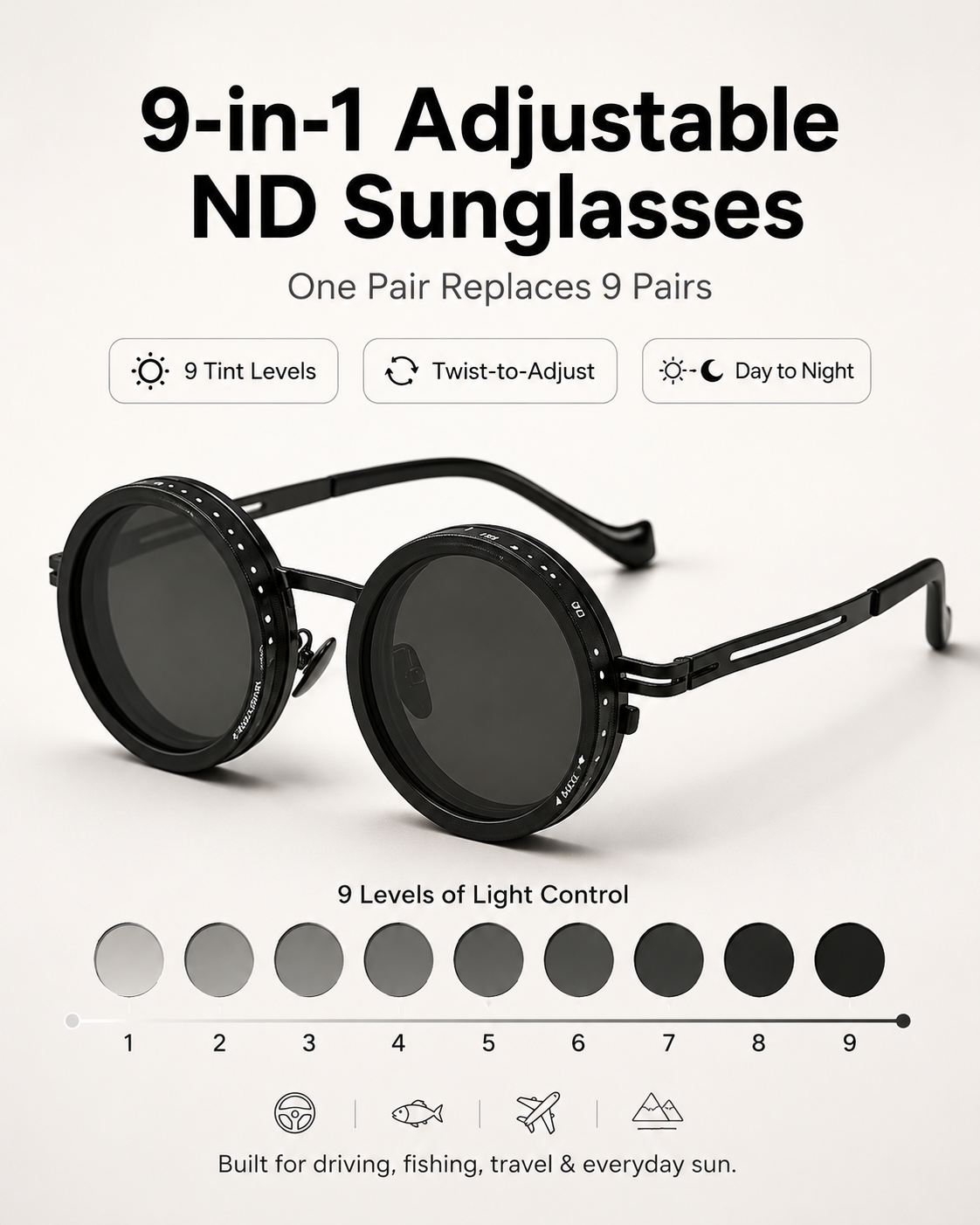 🕶️ 9-in-1 Adjustable ND Polarized Sunglasses – Dial Your Perfect Shade