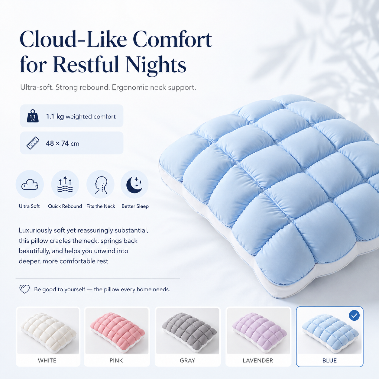 ☁️💤 Cloud-Like Weighted Comfort Pillow – Soft Neck Support & Cozy Relaxation 🤍✨
