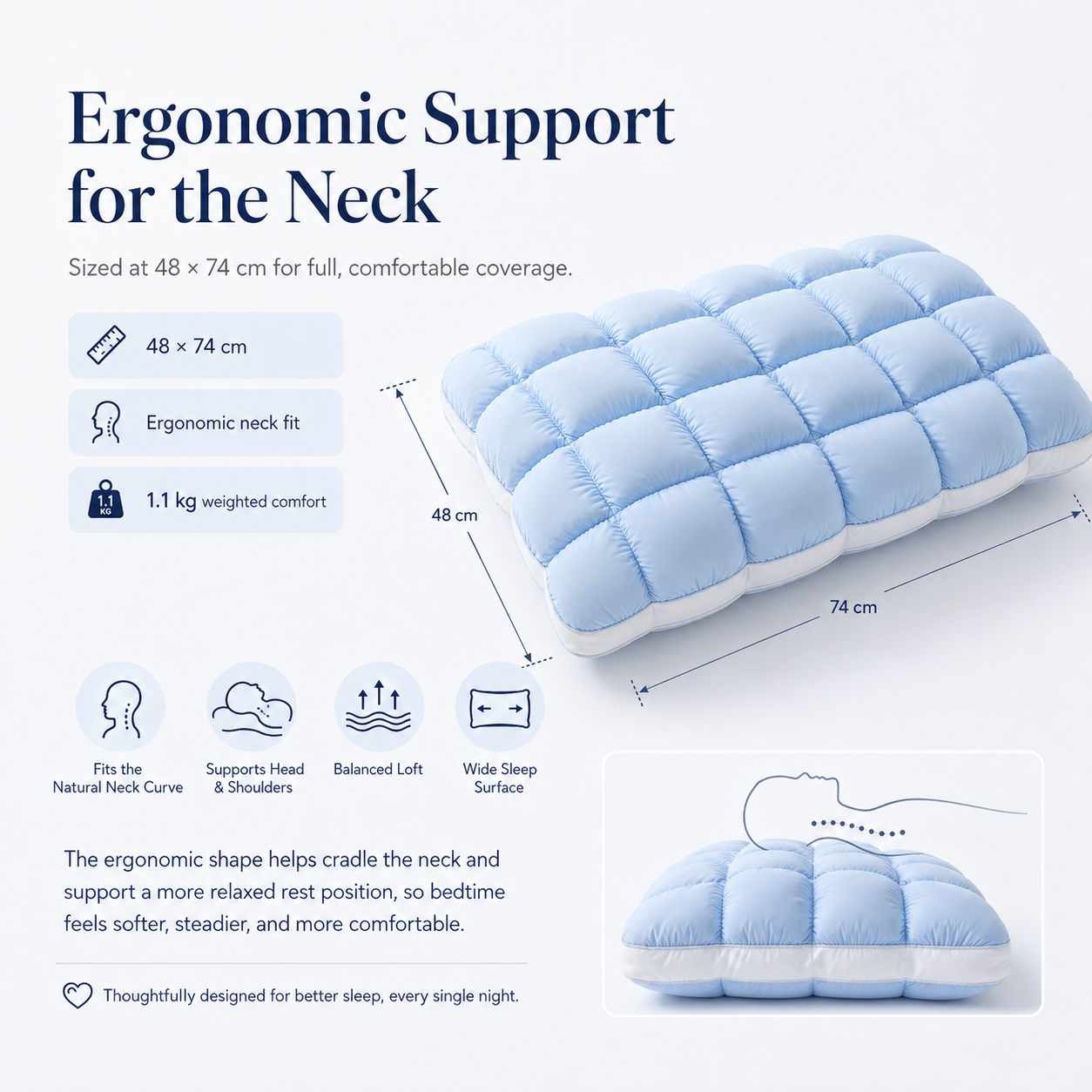 ☁️💤 Cloud-Like Weighted Comfort Pillow – Soft Neck Support & Cozy Relaxation 🤍✨