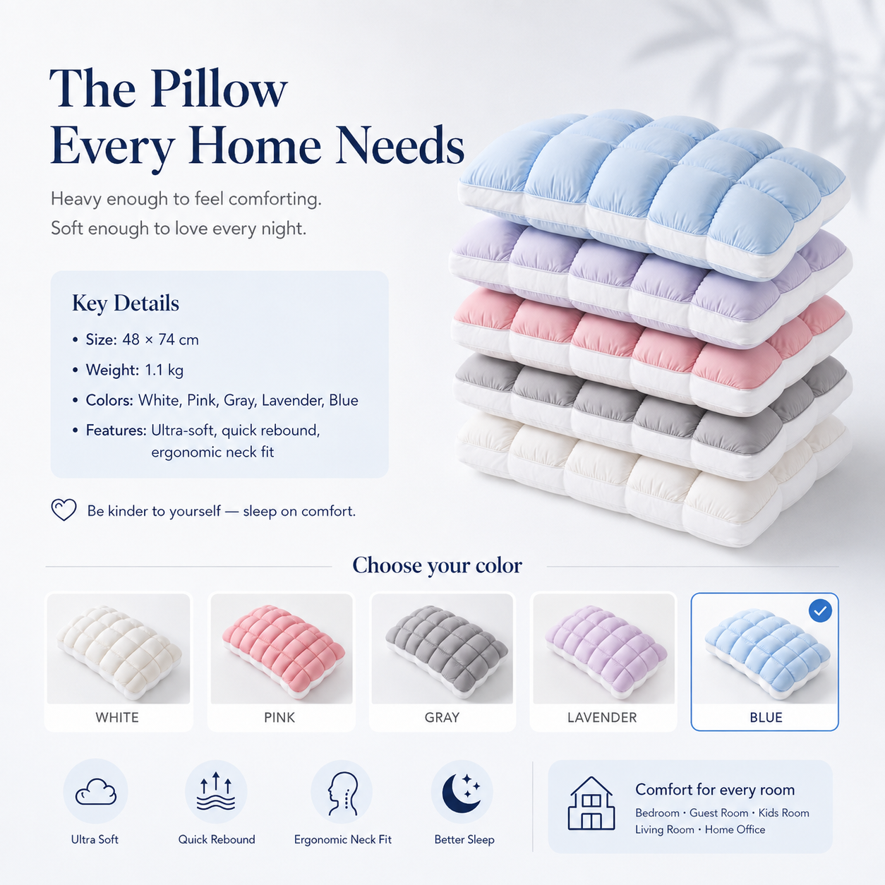 ☁️💤 Cloud-Like Weighted Comfort Pillow – Soft Neck Support & Cozy Relaxation 🤍✨