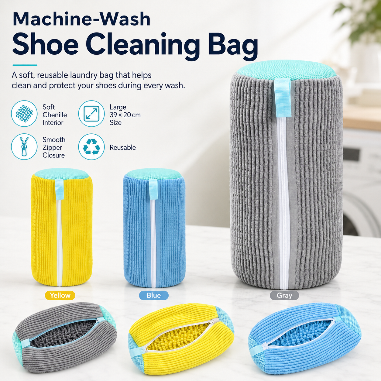 Gray 360-degree chenille shoe wash bag for washing sneakers