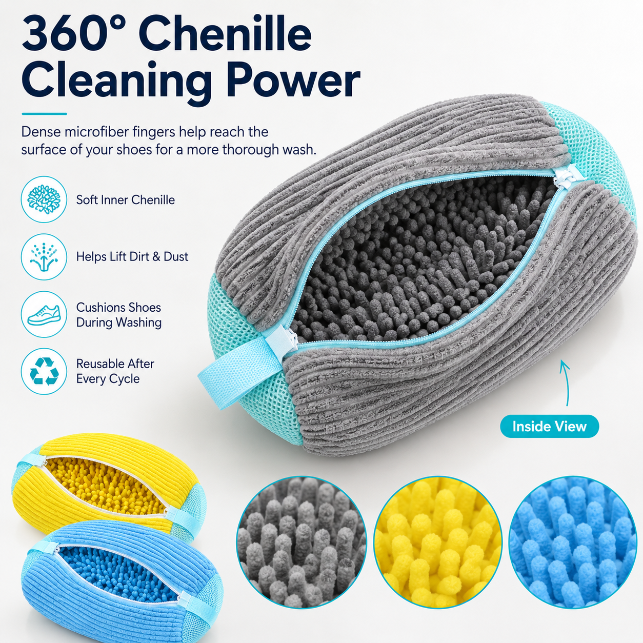 Soft chenille shoe washer bag interior and reusable design