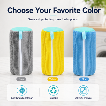 Gray yellow and blue chenille shoe wash bag color options