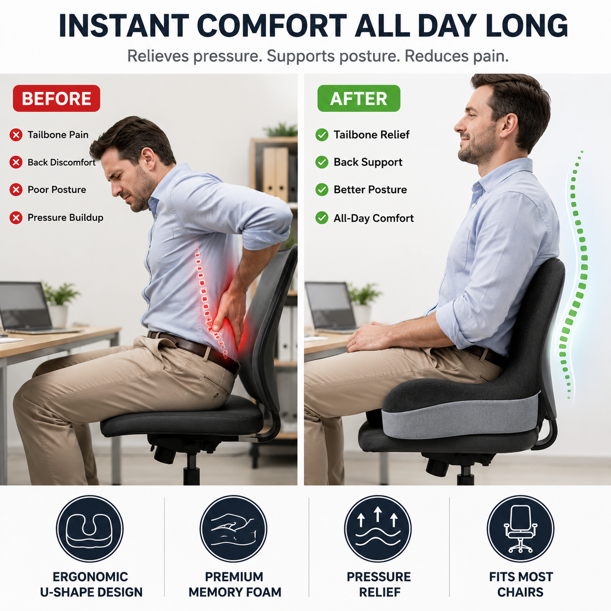 🔥49% off on the last day| Sitting All Day? This Cushion Helps Relieve Back & Tailbone Pressure Instantly