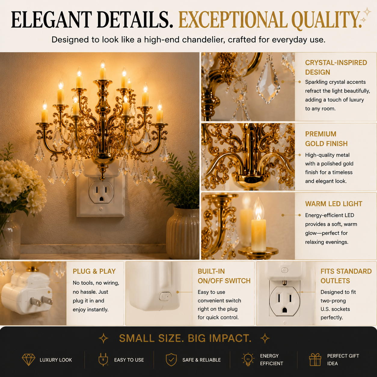 🔥50% off on the last day| 💎 Crystal Chandelier Plug-In Night Light – Instant Luxury Home Decor Outlet Lamp for Kitchen & Bedroom