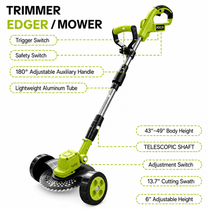 🌿⚡21V 3-in-1 Cordless String Trimmer, Edger & Mini Mower – 2 Batteries Included