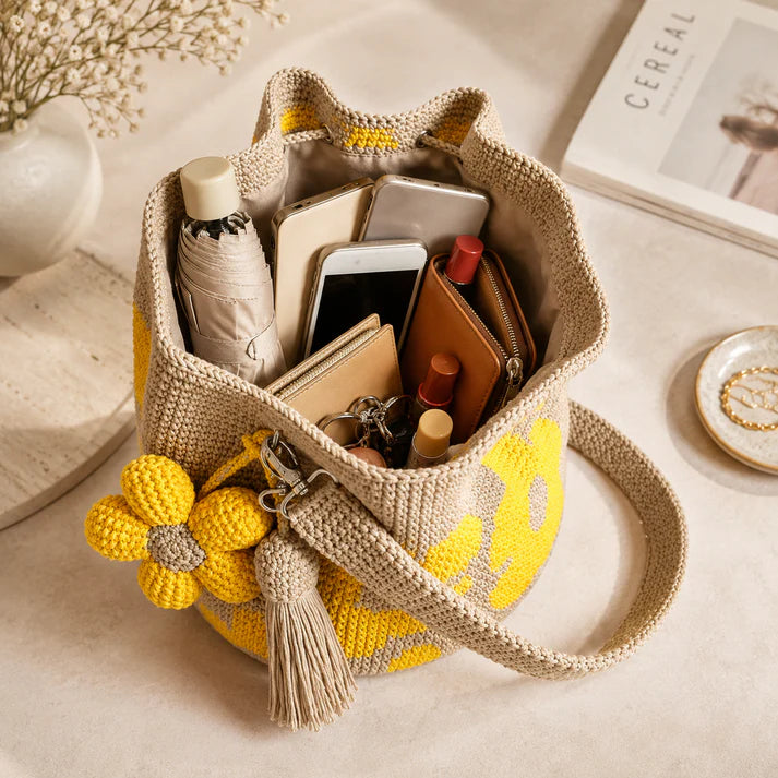 Handwoven Flower Bucket Bag | Summer Boho Woven Handbag