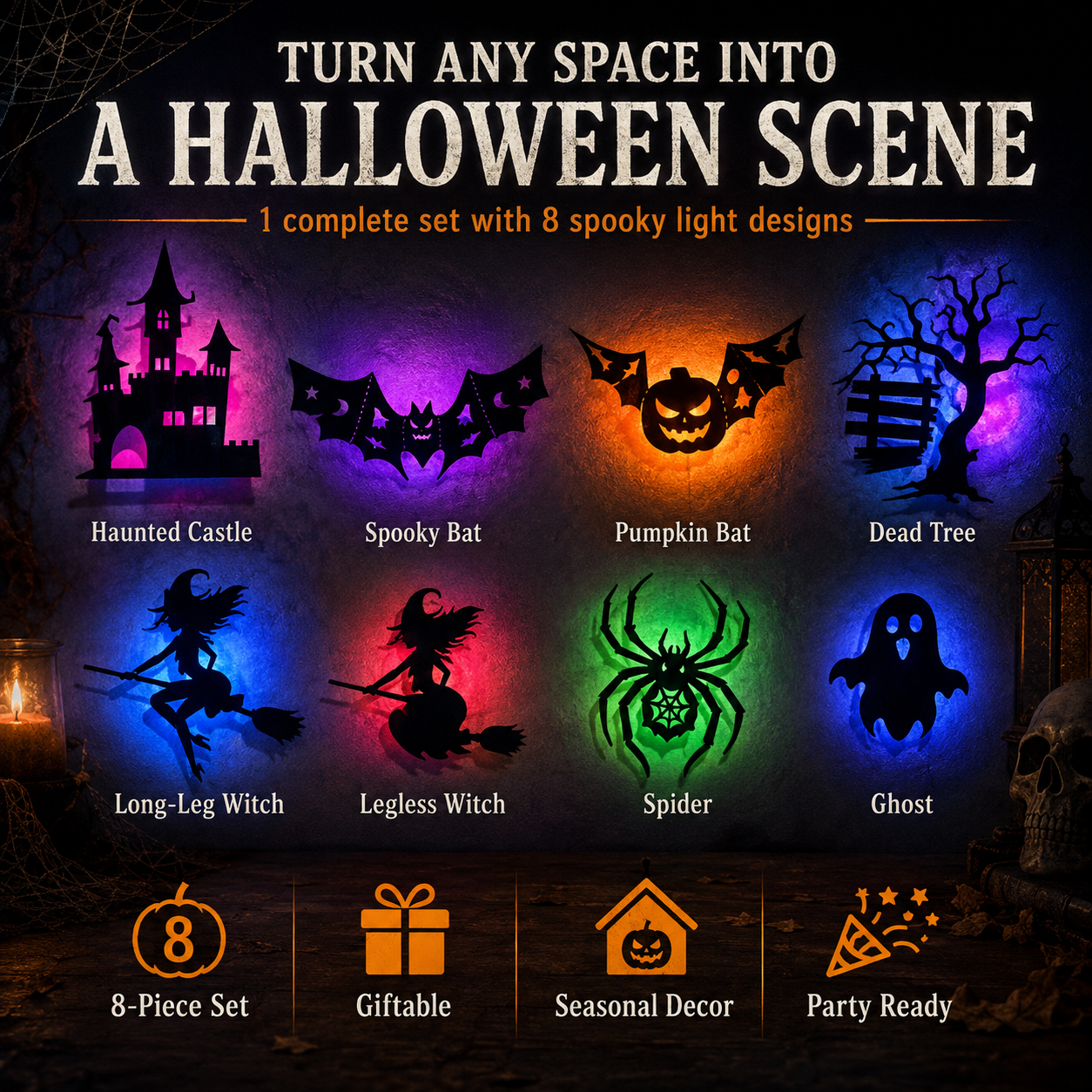 🔥 8-in-1 Halloween Glow Decor Set – Turn Any Space Spooky in Seconds