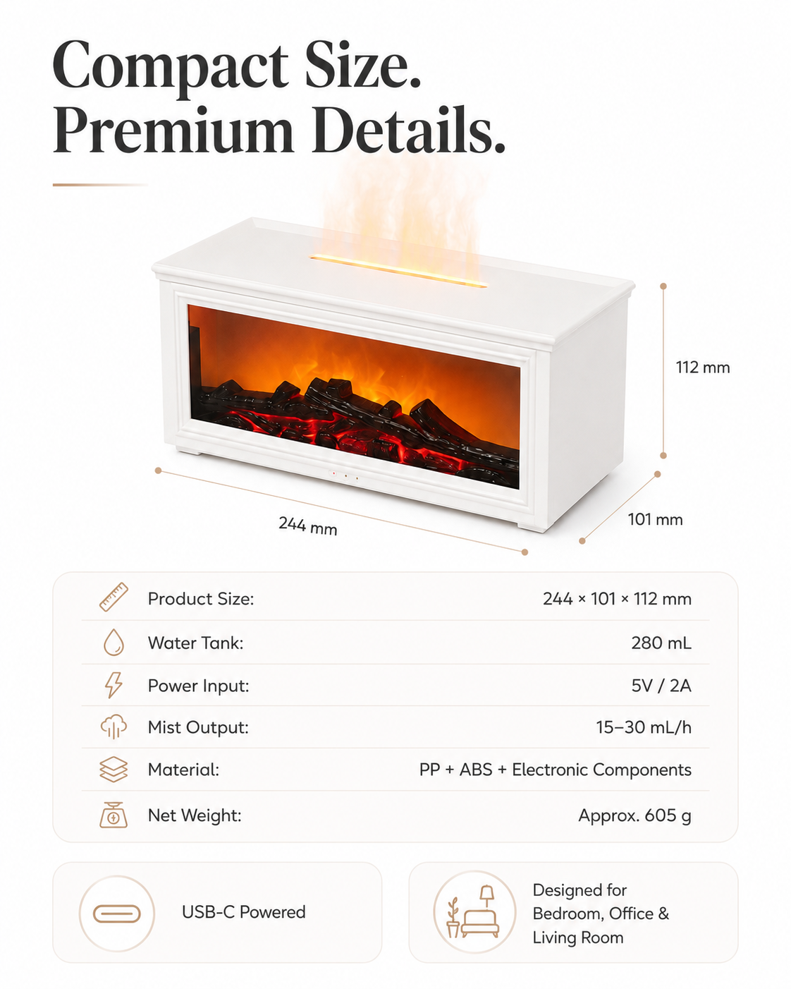 Cozy Fireplace Diffuser with Remote & 7-Color Ambient Light