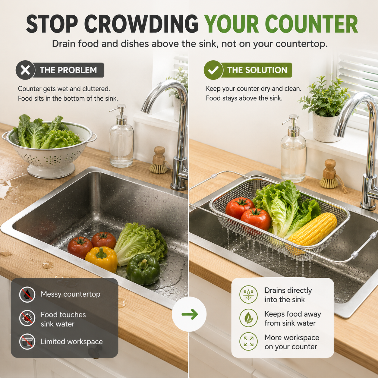 ✨ Expandable Over-the-Sink Colander – Rinse, Drain & Prep Without the Mess