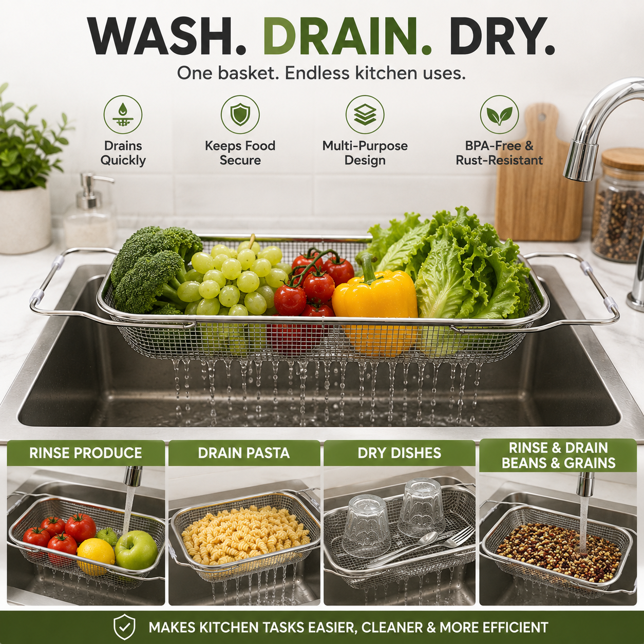 ✨ Expandable Over-the-Sink Colander – Rinse, Drain & Prep Without the Mess