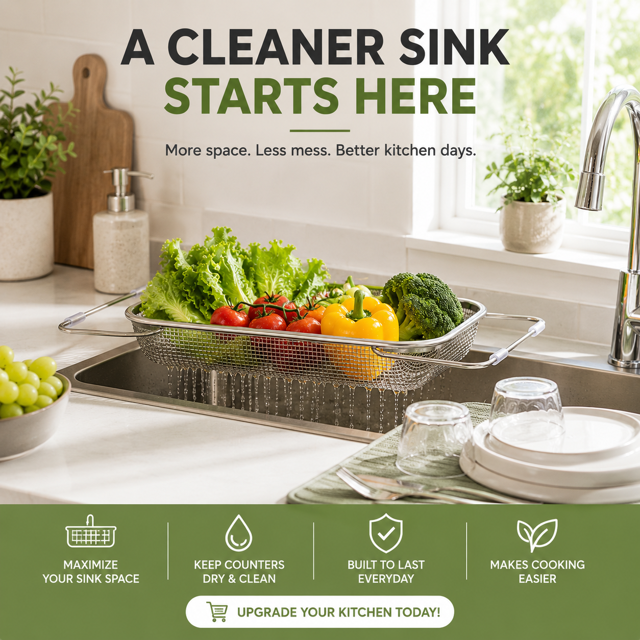 ✨ Expandable Over-the-Sink Colander – Rinse, Drain & Prep Without the Mess