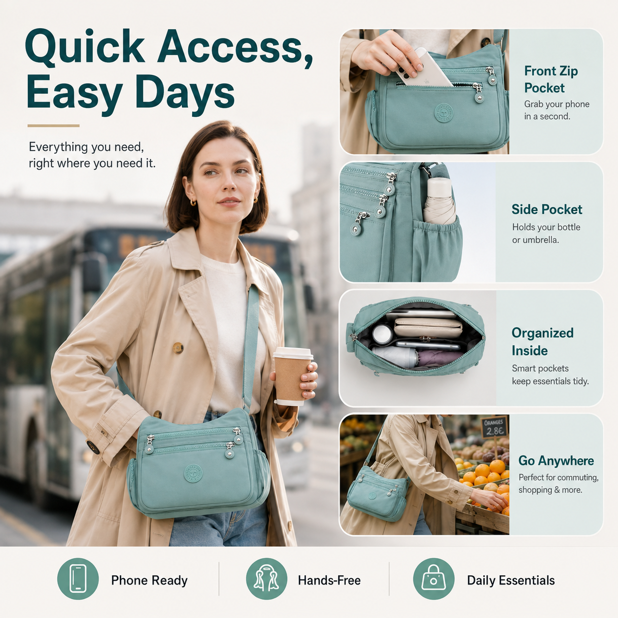 🛍️Multi-Pocket Crossbody Bag – Lightweight Nylon Shoulder Bag