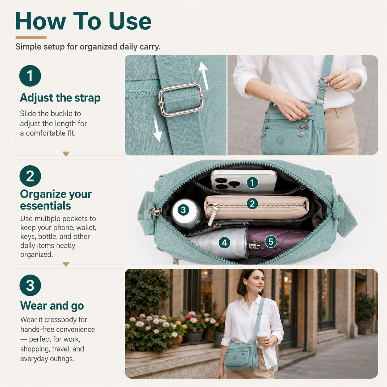 🛍️Multi-Pocket Crossbody Bag – Lightweight Nylon Shoulder Bag