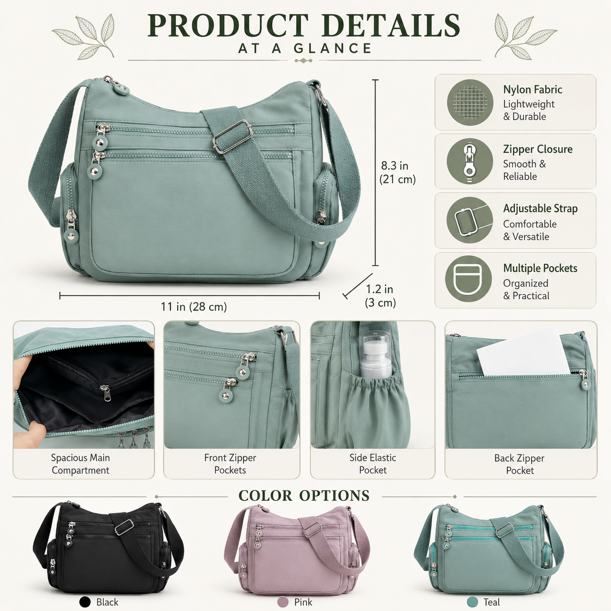 🛍️Multi-Pocket Crossbody Bag – Lightweight Nylon Shoulder Bag