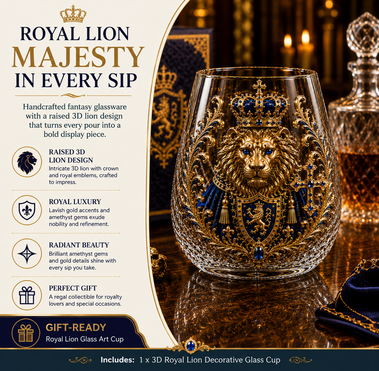 🦁 3D Royal Lion Whiskey Glass | Crowned Lion Art Cup