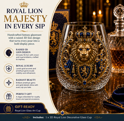 🦁 3D Royal Lion Whiskey Glass | Crowned Lion Art Cup