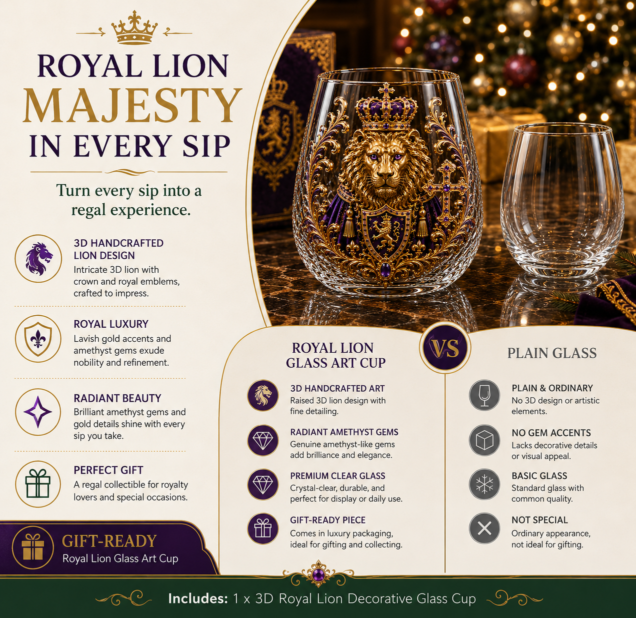 🦁 3D Royal Lion Whiskey Glass | Crowned Lion Art Cup