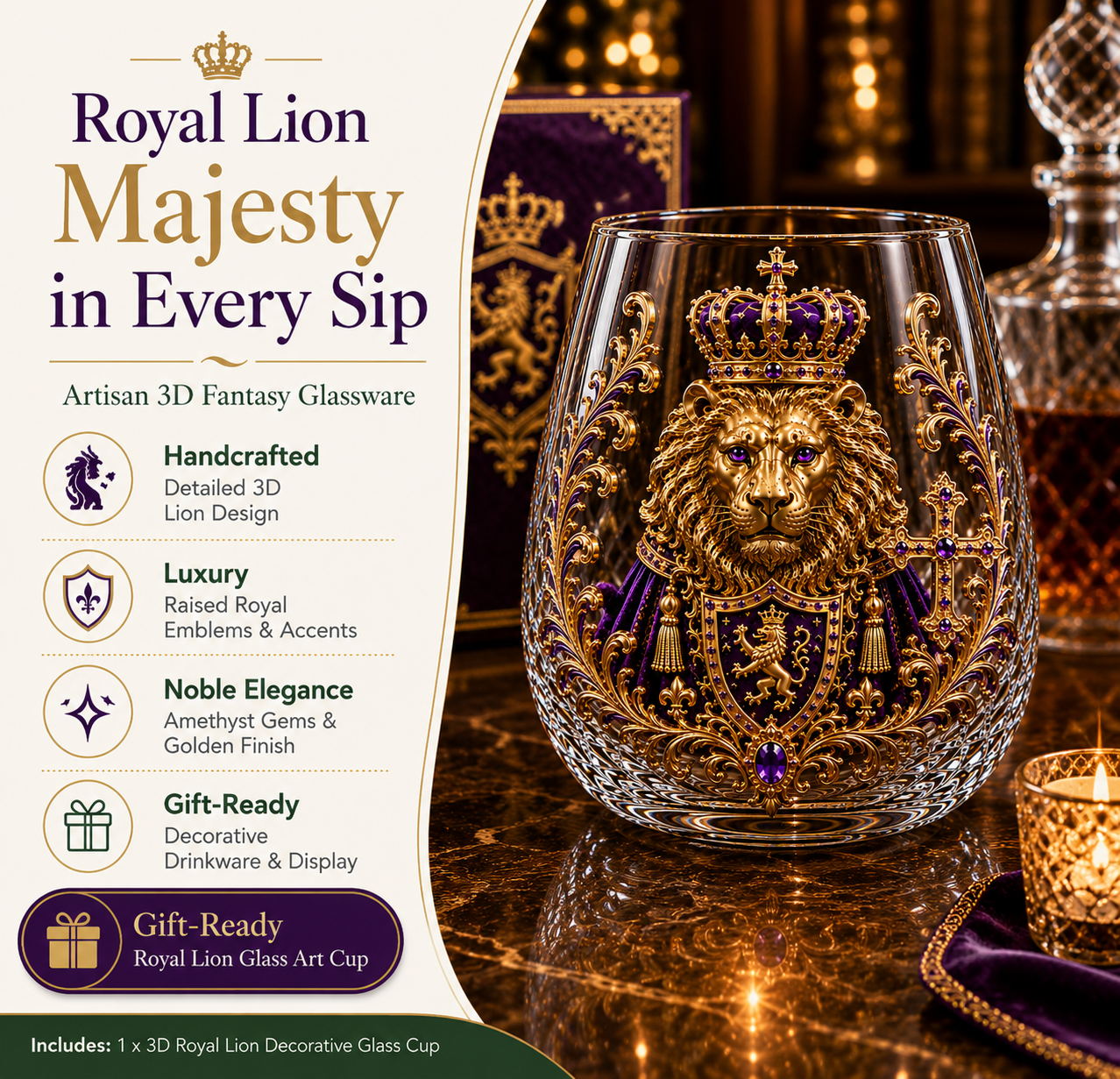 🦁 3D Royal Lion Whiskey Glass | Crowned Lion Art Cup