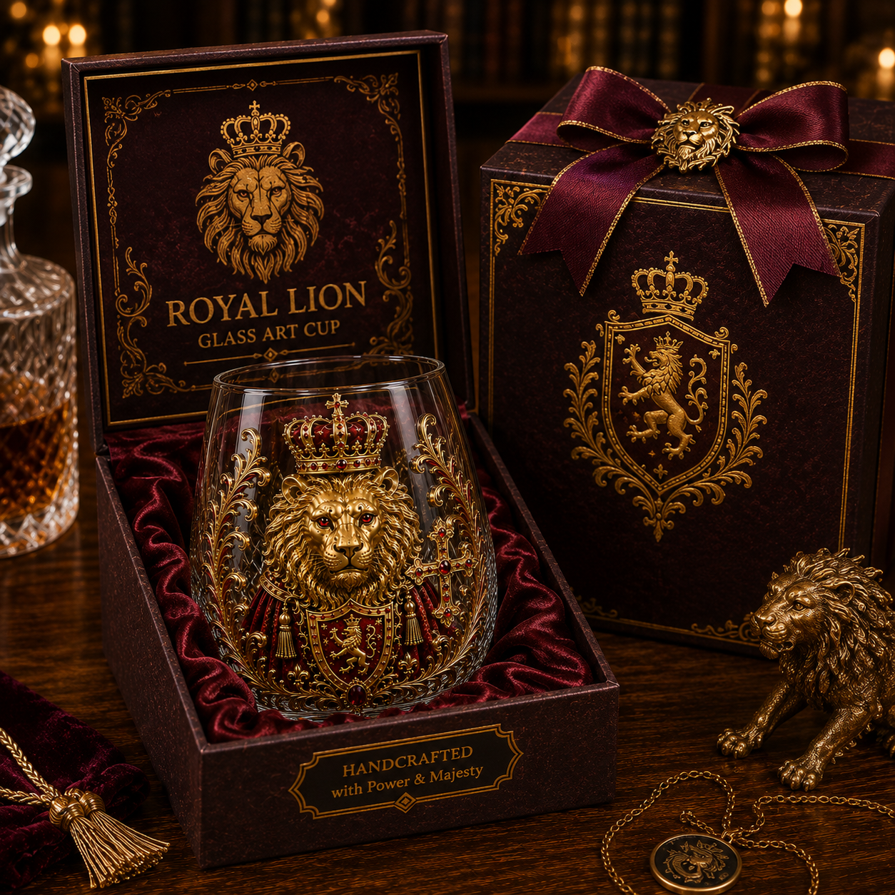 🦁 3D Royal Lion Whiskey Glass | Crowned Lion Art Cup