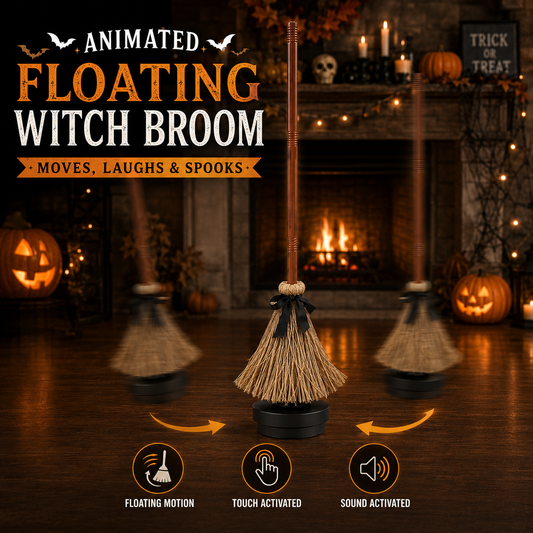 🧙‍♀️🪄 Animated Floating Witch Broom Halloween Decor | Sound & Touch Activated🧹