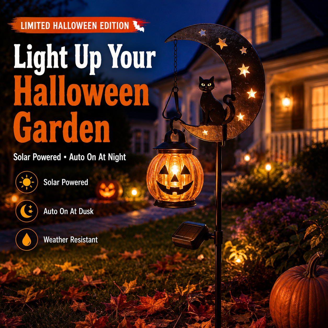 🎃 Pumpkin Moon Solar Garden Stake Light | Halloween Yard Decor
