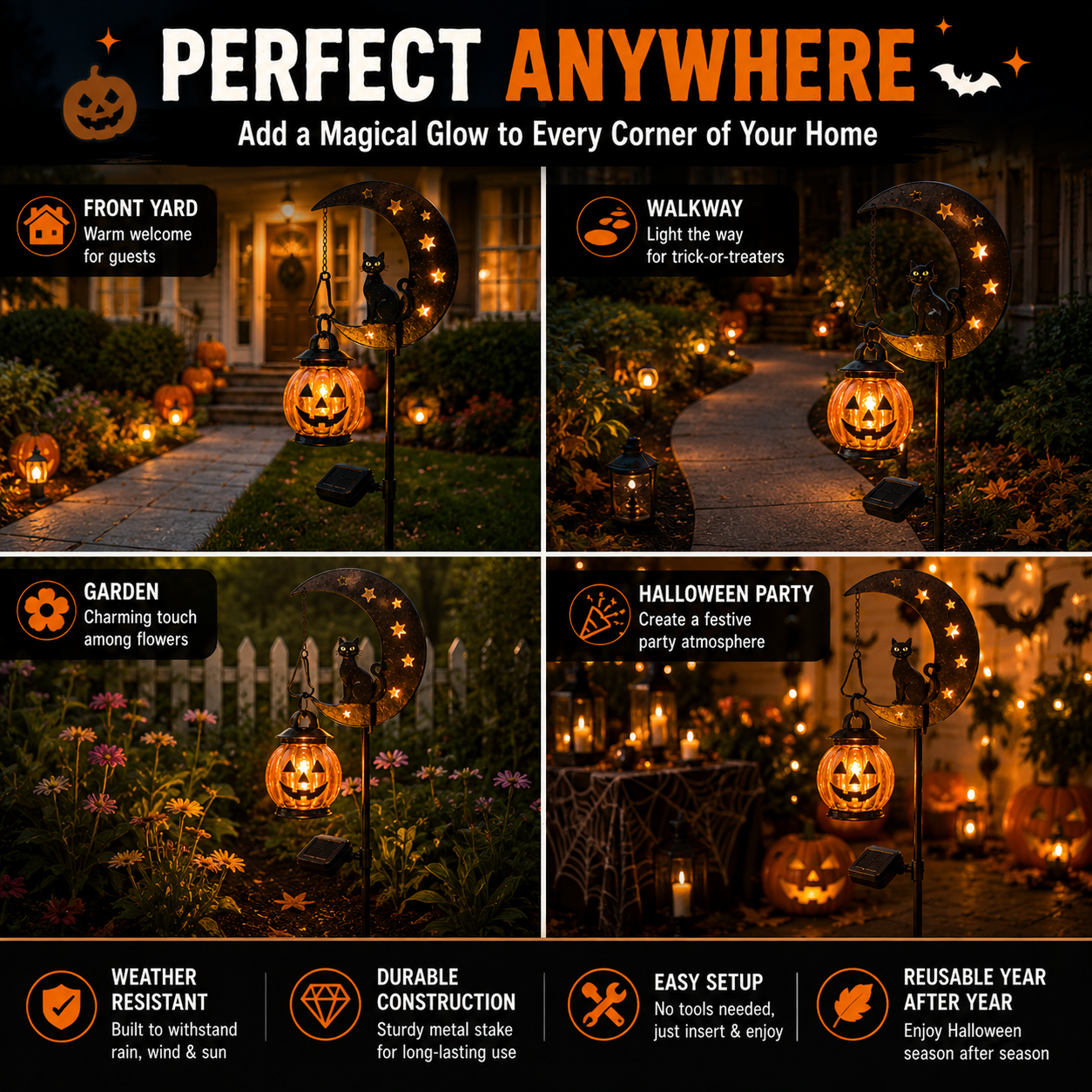 🎃 Pumpkin Moon Solar Garden Stake Light | Halloween Yard Decor