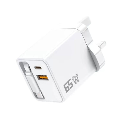 65W GaN Retractable USB-C Travel Charger | 3-in-1