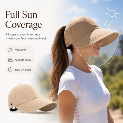 ☀️ Women’s Wide Brim Ponytail Sun Hat – Packable Full Face Shade Cap