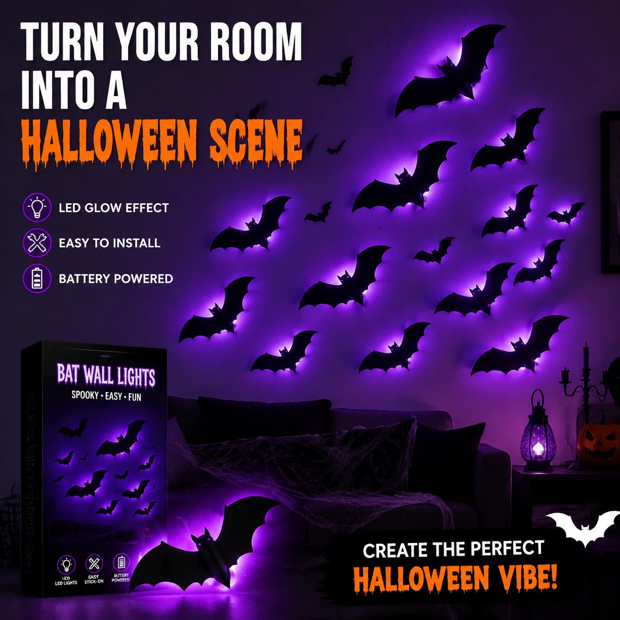Halloween decorative items - 3D black bat wall stickers with LED lights