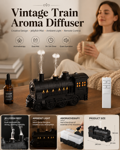 Vintage Train Aroma Diffuser with Jellyfish Mist & Remote Control