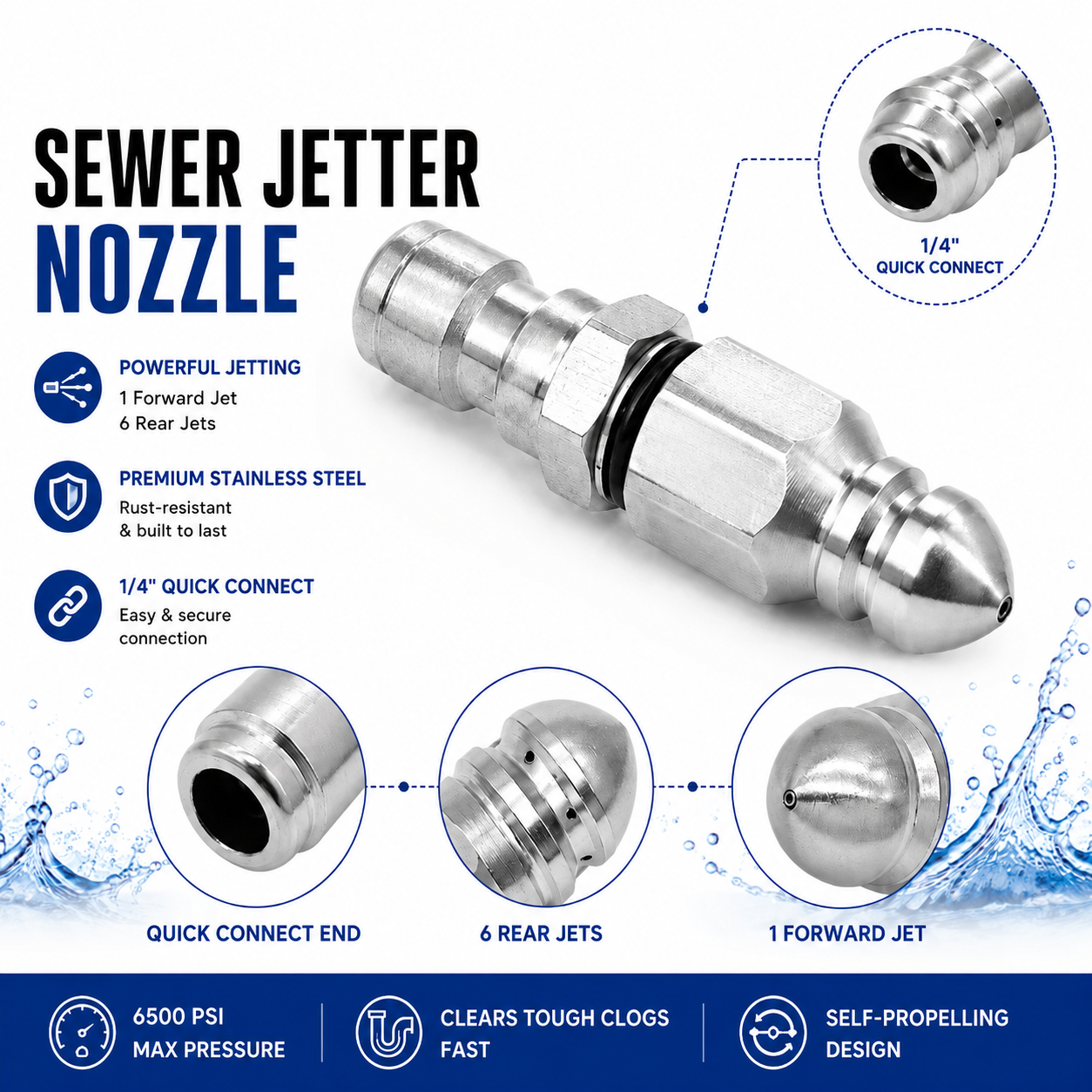 🚿 6500 PSI Sewer Jetter Nozzle – 1/4" Quick Connect Drain Cleaning Attachment