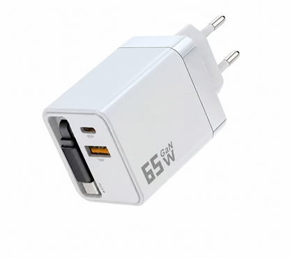 65W GaN Retractable USB-C Travel Charger | 3-in-1