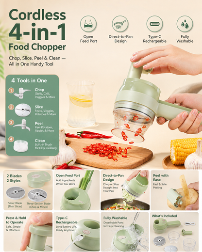 ✨ Cordless 4-in-1 Food Chopper | Chop, Slice, Peel & Clean