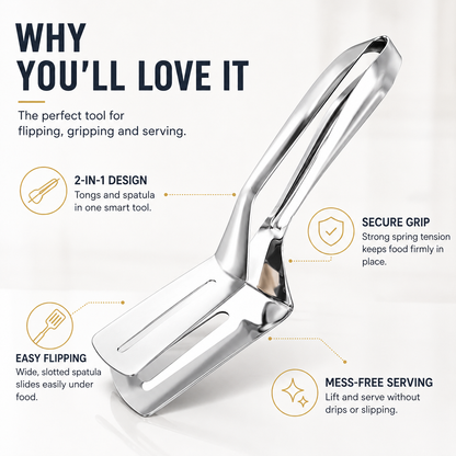 2-in-1 Stainless Steel Spatula Tongs | Flip, Grip & Serve