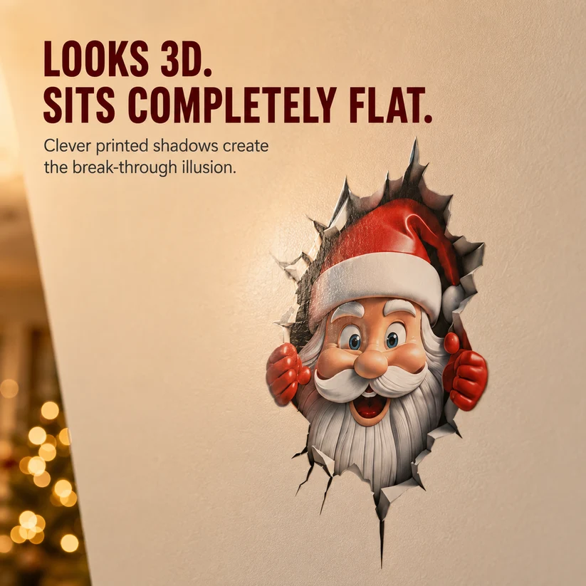 🎅 Santa Breaking Through Wall Decal – Funny Christmas Illusion Sticker