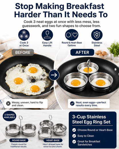 3-Cup Stainless Steel Egg Ring Set | Round & Heart Base