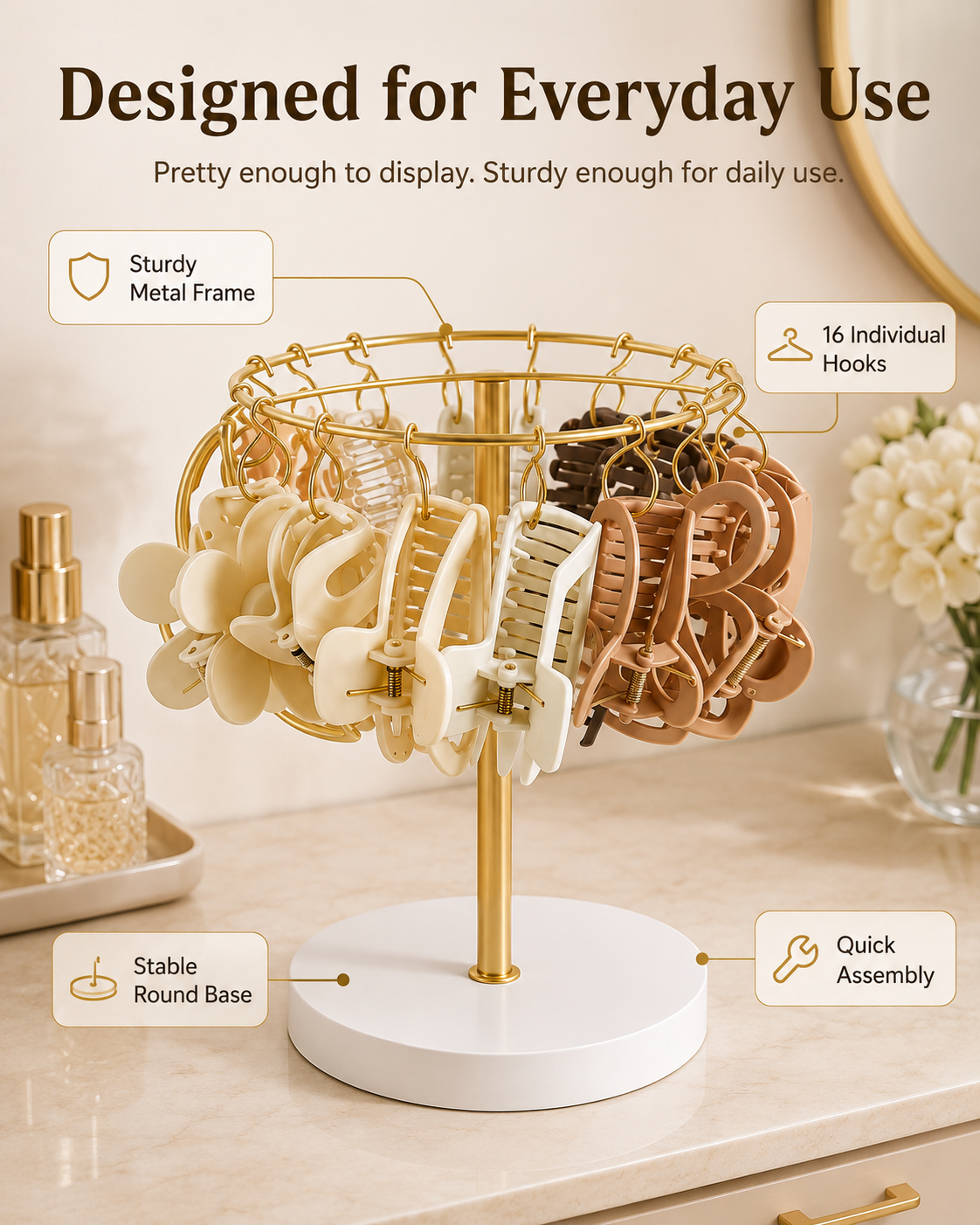 16-Hook Claw Clip Organizer | Vanity Hair Clip Holder