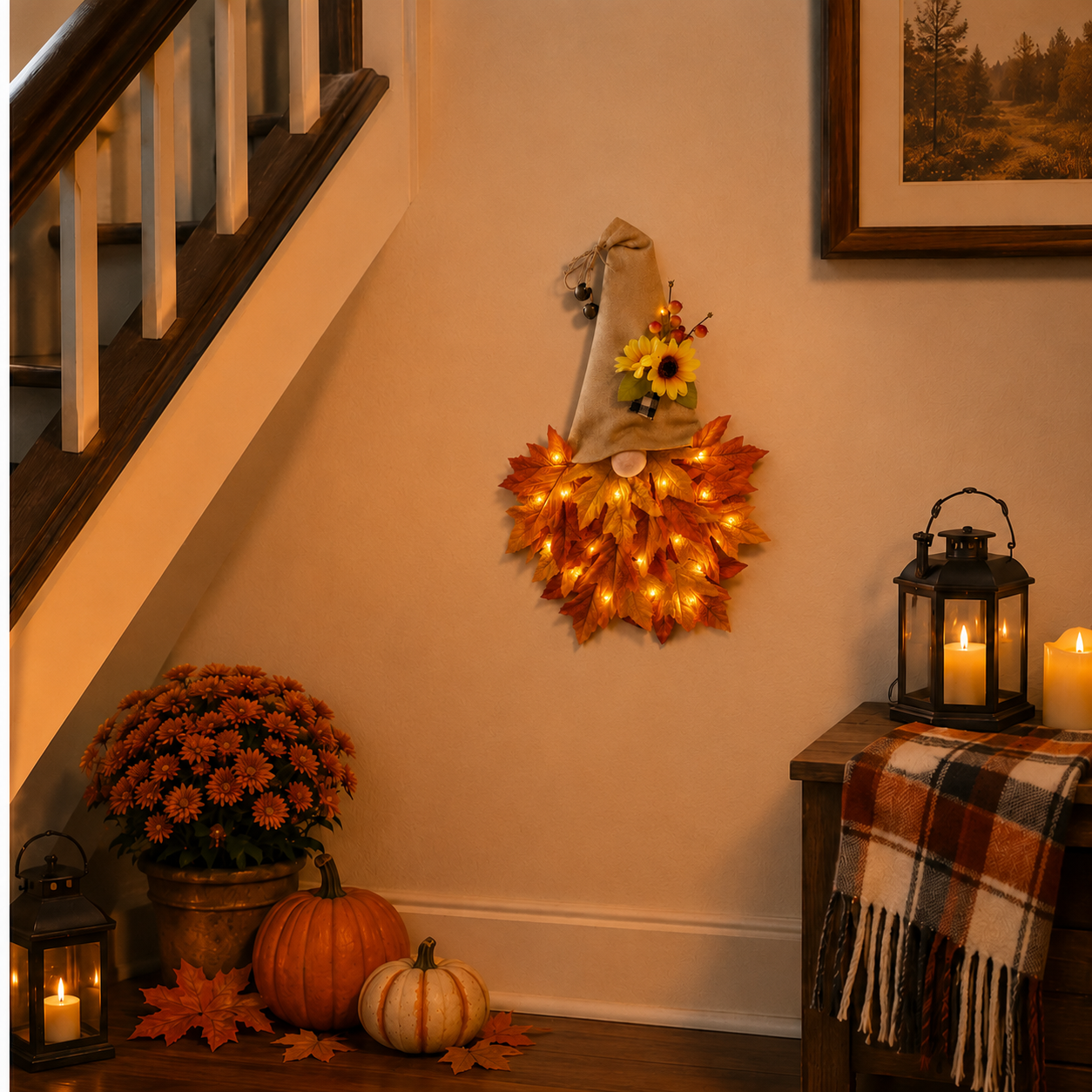 🍂🎃Autumn Retro Patchwork Pumpkin Door Hanging with Lights