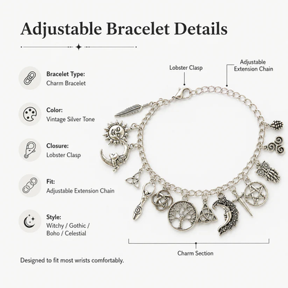 Vintage Witchy Charm Bracelet | Celestial Gothic Boho Jewelry for Women