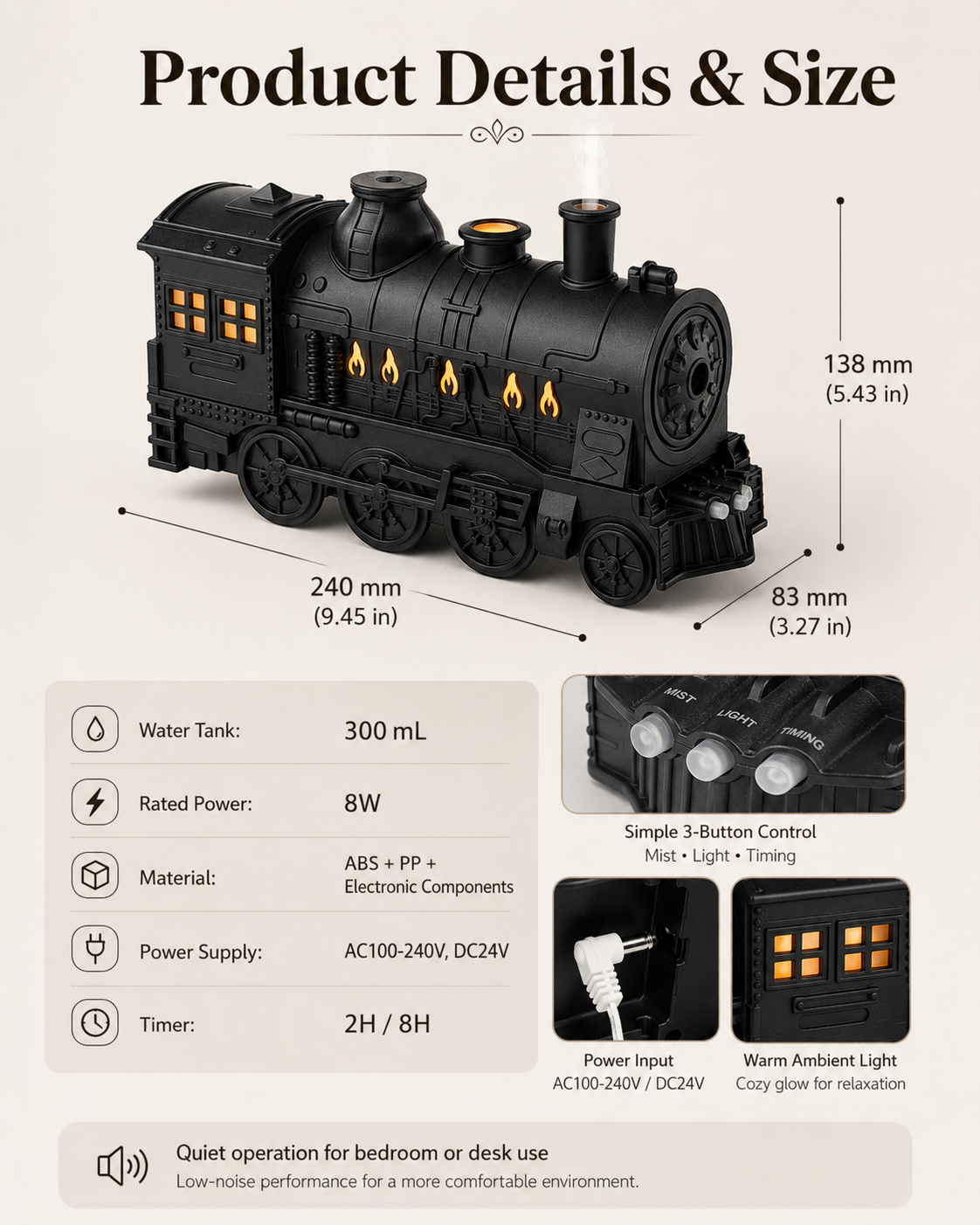 Vintage Train Aroma Diffuser with Jellyfish Mist & Remote Control